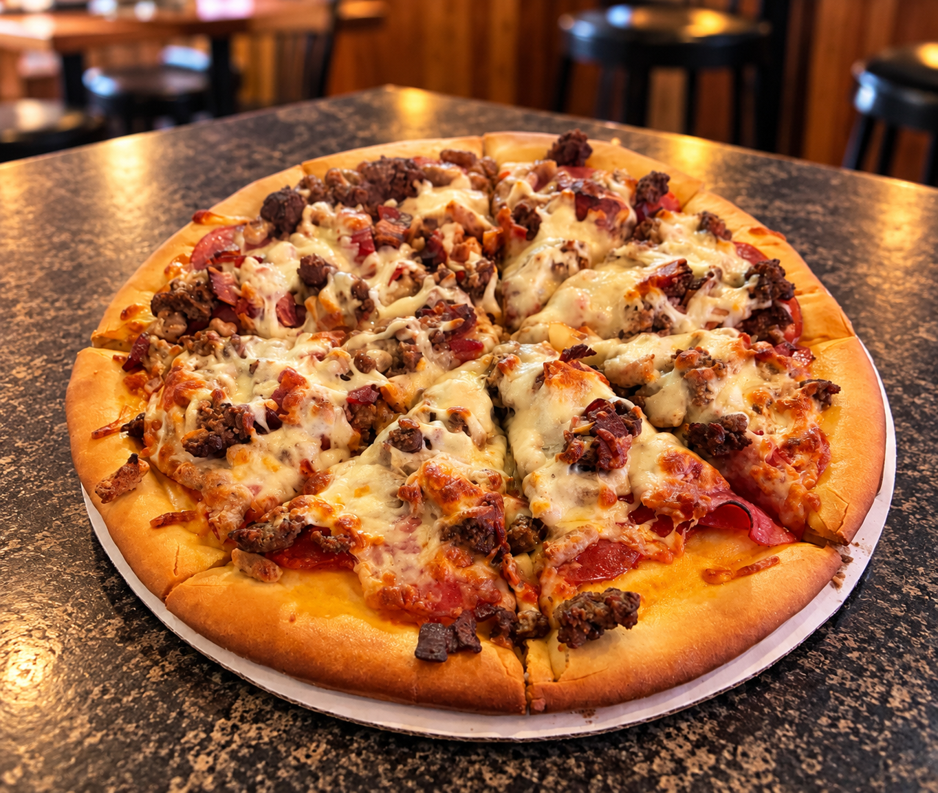 A warm rustic sausage pizza fresh from the oven at Pat's Pizzas
