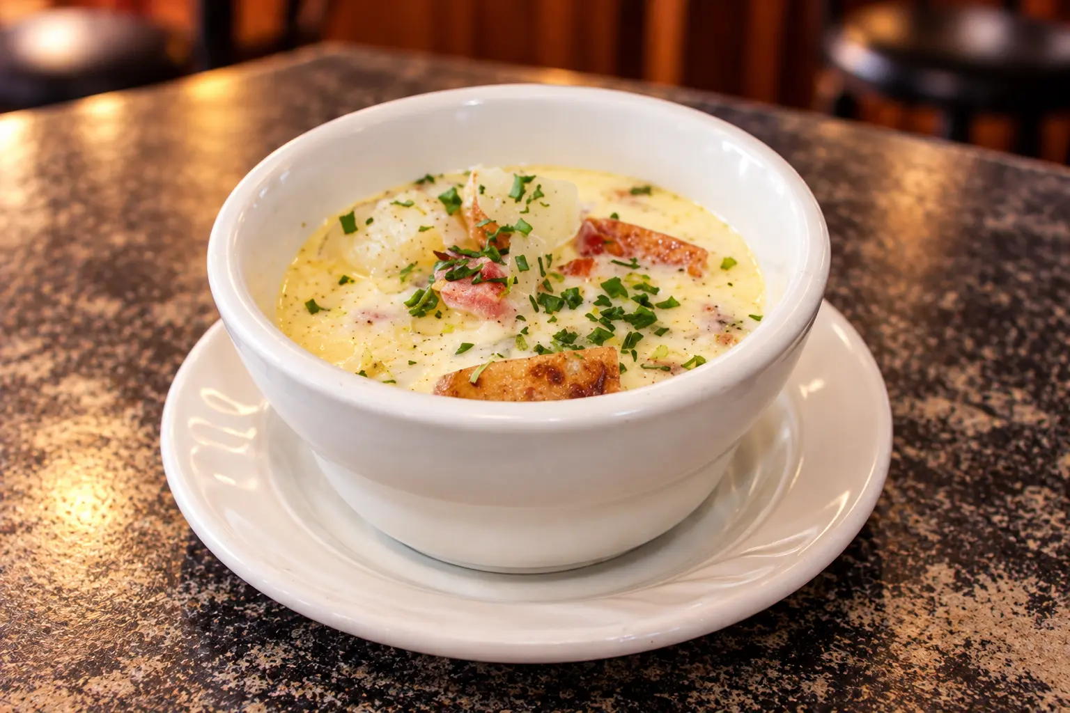 Creamy chowder topped with bacon and herbs